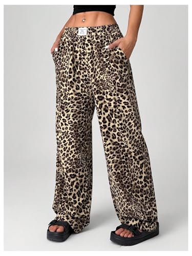 Women's Letter Leopard Print Straight Leg Pants Elastic Waist Y2K Trousers Bottoms with Pockets4