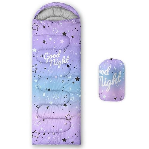 Smell Sunshine Kids Sleeping Bag for Boys Girls,Lightcolor Purple Star-Lightweight Warm Outdoor Indoor-Waterproof Cold Weather Resistant Sleeping Bag for Camping Hiking(Star