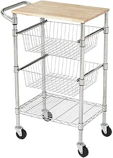Amazon Basics 3-Tier Metal Basket Rolling Cart with Wood Top