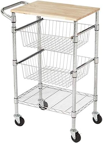 Amazon Basics 3-Tier Metal Basket Rolling Cart with Wood Top