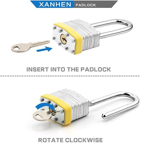 Miniatura 4 de Candados con llave de acero laminado resistente, cerraduras iguales con llave, candados de grillete largo, XanHen, cuerpo ancho de 1-916 pulgadas