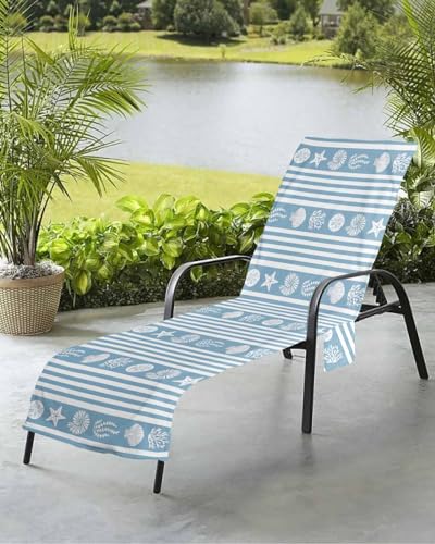 Beach Pool Patio Lounge Chaise Chair Cover Towel with Pockets,Blue Coastal Absorbent & Quick Dry Microfiber Towel Cover Bag Travel Accessories Nautical Starfish Shells Jellyfish Coral Summer Stripe