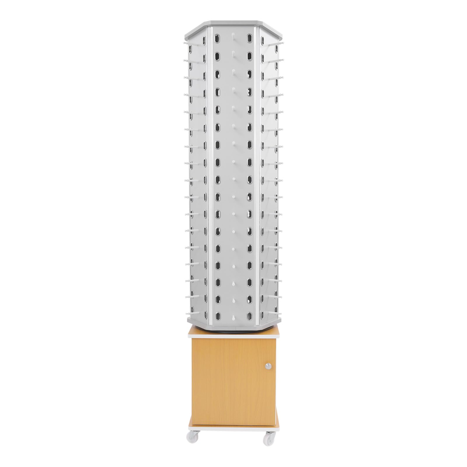 Estante Expositor para Gafas de Sol, Soporte de pie de Madera de 6 Lados para Gafas, Soporte para 102 Pares de Gafas, Giratorio 360°, con Armario de Almacenamiento y 4 Ruedas girat