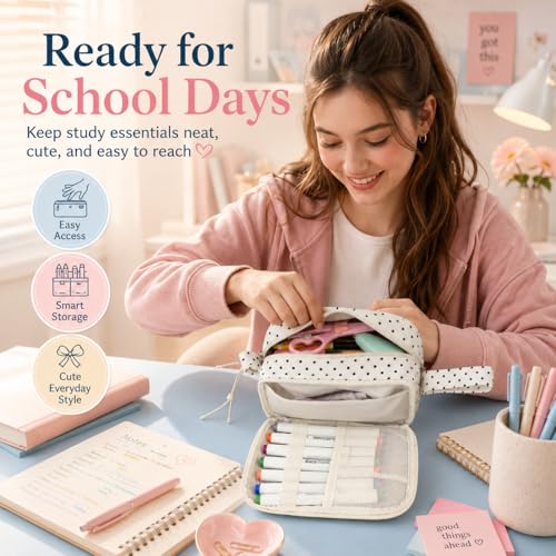 Image of Bluboon Big Capacity Pencil Case Pencil Pouch Pen Case School Supplies Cute Pencil Box Pencil Bag for Teen Girls Boys Women Man (Black dots - White)