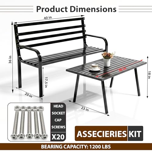 Image of BRISHI 2 Seater Metal Garden Bench & Center Table for Indoor & Outdoor Park /Patio /Living Room /Terrace /Balcony (Black)