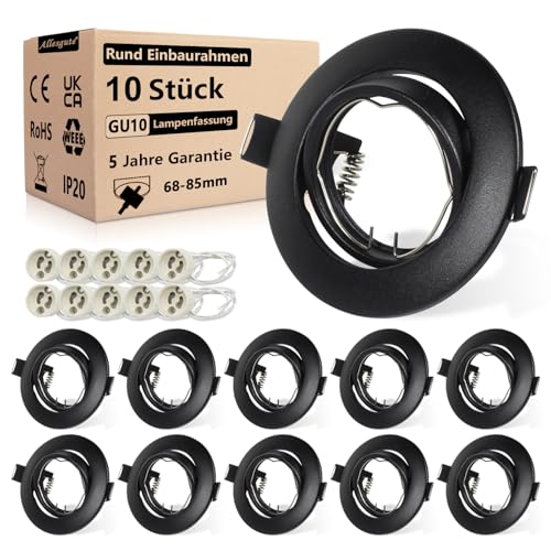 Image of Allesgute 10x GU10 Downlights for Ceiling Round Matte Black Mounting Frame for Recessed Ceiling Lights 360° Tilt Swivel GU10 Light Fitting with Lampholders, Cutout: 68-85mm, No Bulbs