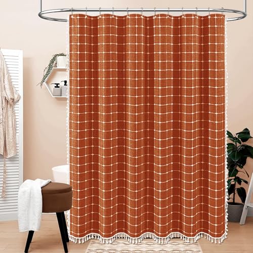 Image of BTTN 60 Inch Stall Shower Curtain - Boho Farmhouse Linen Weighted Fabric Shower Curtain Set with 10 Plastic Hook, Narrow Bohemian Country Decorative Shower Curtains for Bathroom - 60x72 - Brunt Orange