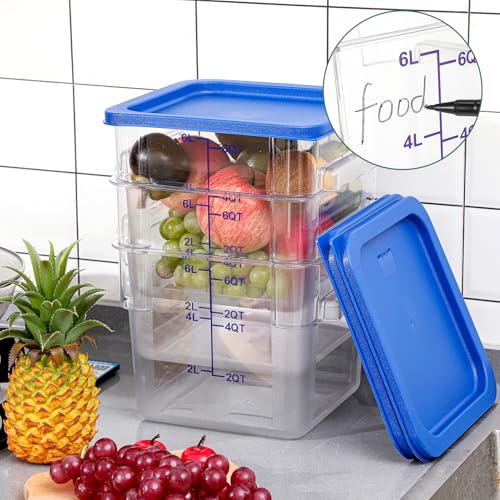 Image of Ziliny 3 Sets 6 Qt Square Food Storage Containers with Lids Dough Proofing Bucket Commercial Polycarbonate Containers with Scale Clear Airtight Cereal for Pantry Home Restaurant (Blue)