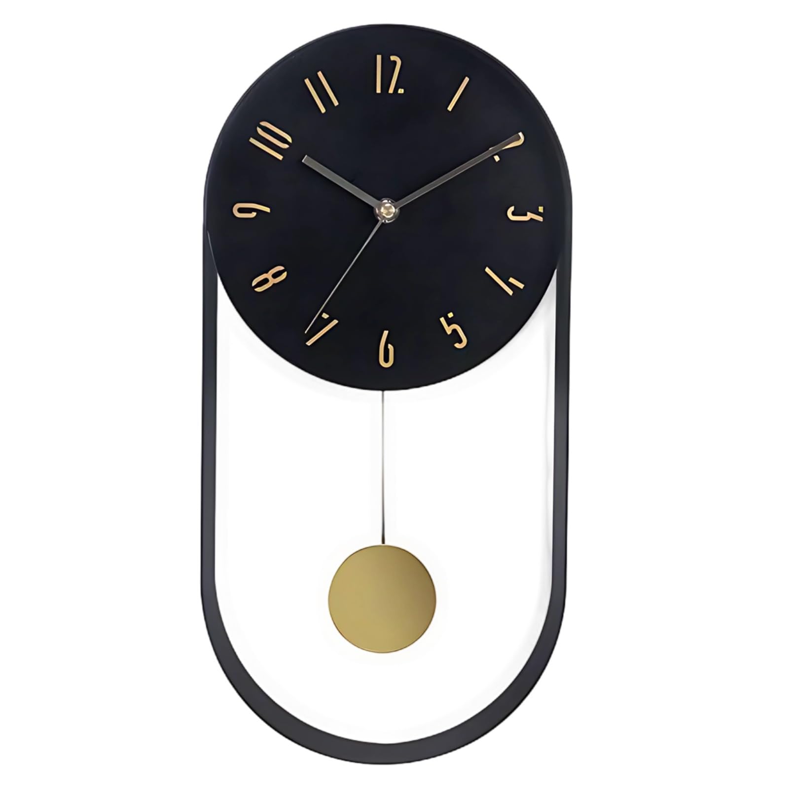 Reloj de pared con péndulo de metal, 40 cm, decorativo, de hierro negro, movimiento silencioso, números dorados, para decoración del hogar, sala de estar, dormitorio, oficina