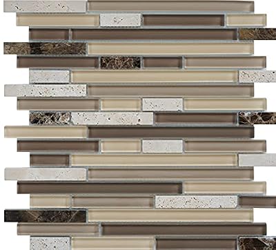 Simple Tile - 5 Sheets Glass and Stone Mosaic Tile for Kitchen Backsplash, Bathroom Shower Wall, Etc, "Horizon Collection", Mixed Strips, 12"X12"X5/16" (Set of 5 Sheets, GM 2203 - Chocolate)