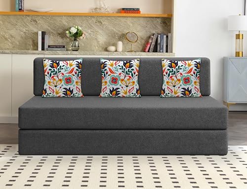 Image of Los Angeles Foldable Three Seater Sofa Cum Bed, Sofa Bed 5 X 6 Feet Jute Fabric Washable Cover Including 3 Cushion Perfect for Living Room - Black Color
