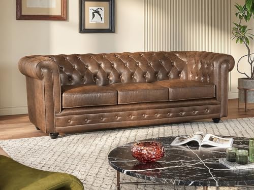 Vente-unique-Sofá de 3 plazas Chesterfield de Microfibra Envejecida