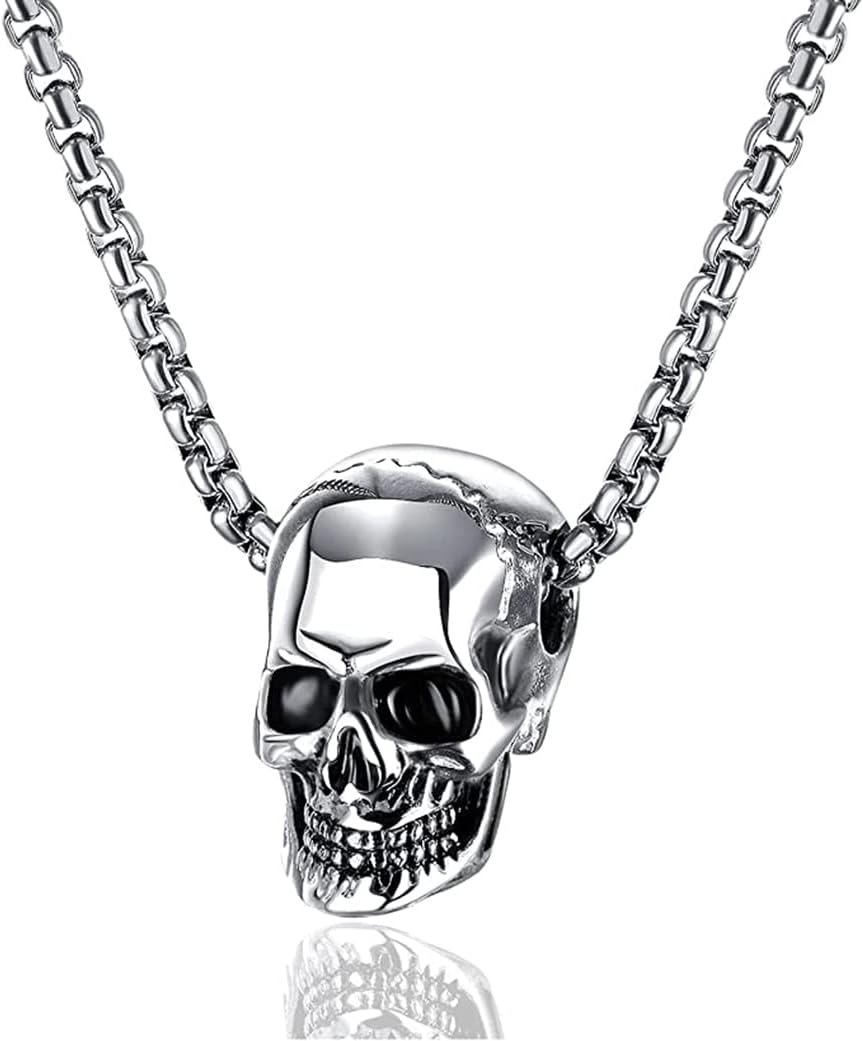 Koguxuix Fashion Jewelry Stainless Steel Skull Pendant Necklace for Men Punk Rapper High Polished Skull Head Hip Hop Pendant Necklace with 22 Inches Box Chain for Women Men (Gold)