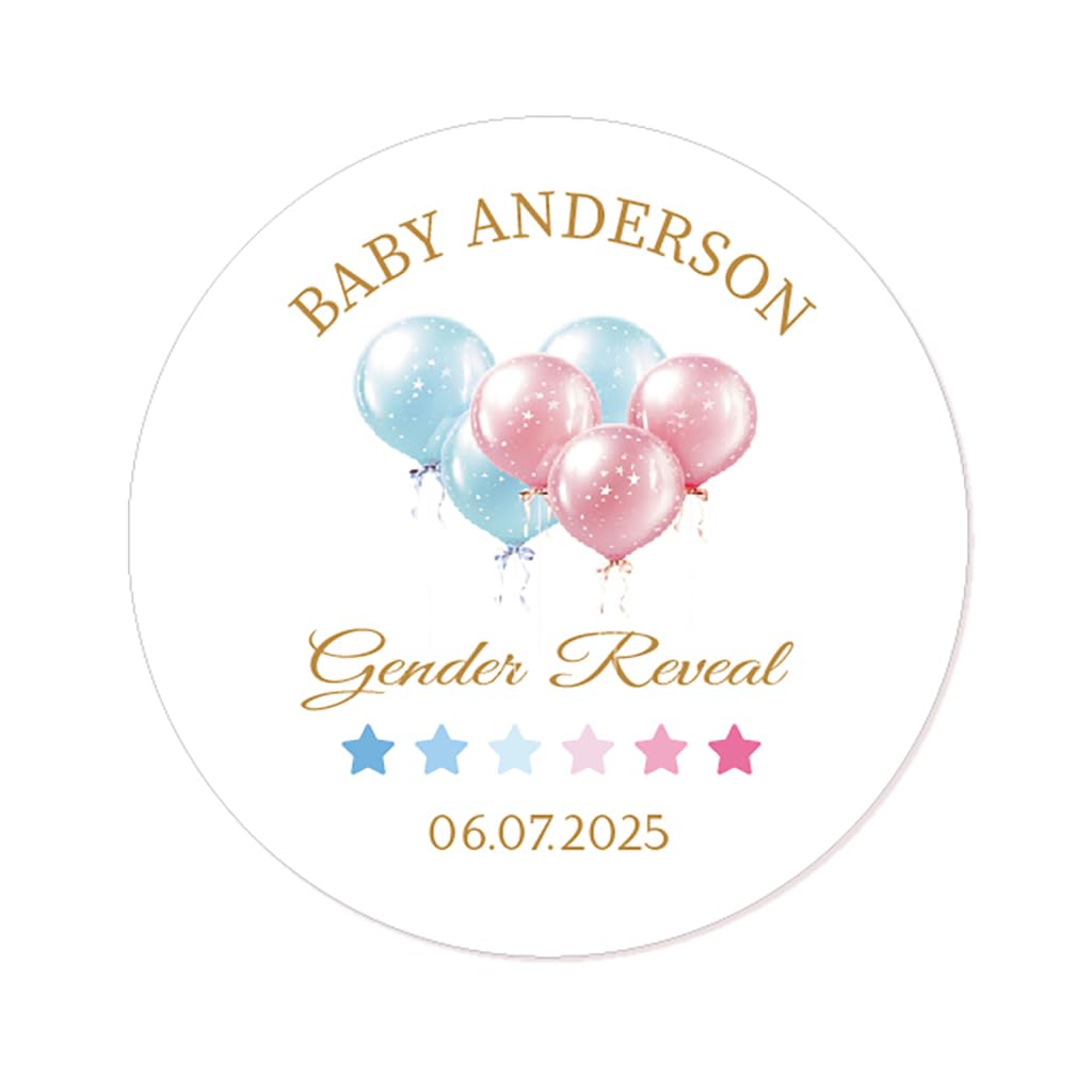 50x Personalised Gender Reveal Party Celebration Stickers Baby Shower Favour Labels 40mm Round Thank You Popcorn Bag Seals -Rd 803 (06 Balloon)