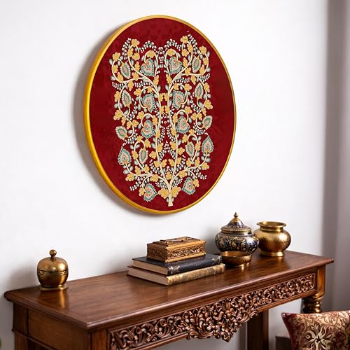 Image of Elegant Kalamkari Round Framed Wall Art Painting For Living Room | Traditional Madhubani Floral Wall Art Painting With Frame For Home, Bedroom & Office, 16 Inch