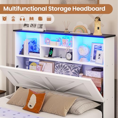 VIAGDO Farmhouse Bed Frame Twin Size with Bookcase Storage Headboard, Charging Station and LED Lights, Wooden Twin Bed Frames with 4 Drawers, Barn Door Design, No Box Spring Needed, No Noise, White - Thumbnail 3