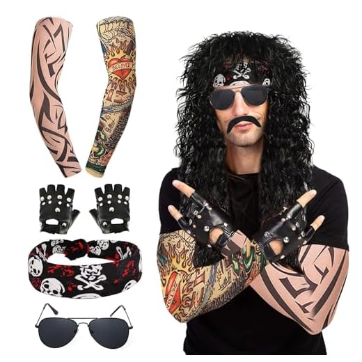 YIDIADIA 7 Stück Rocker Kostüm Herren Perücken Schwarz Locken Disco Kostüm Herren Party Kostüm Männer mit Perücken Sonnenbrillen Bärte Ärmel Handschuhe Kopftücher für 70er 80er 90er