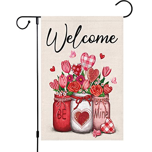 Louise Maelys Valentines Day Garden Flag 12x18 Double Sided Large Burlap Welcome Be Mine Love Garden Yard Mason Jar Floral for Anniversary Wedding House Outdoor Decor