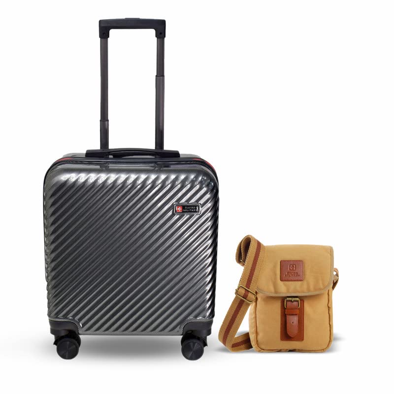 SWISS MILITARYOvernighter Hard Sided Cabin Trolley Bag, Grey Textured 33 Liters Laptop Roller Case, Light Weight Glossy Finish (LTB8_CAN3)