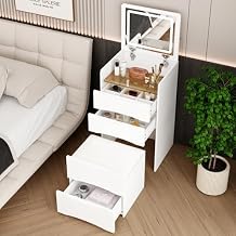 Homsee 18.3" W Makeup Vanity Desk Set with Lighted Mirror and Storage, Makeup Dressing Table for Bedroom with Adjustable Lighting, Tempered Glass Top and Pull-Out Stool, White