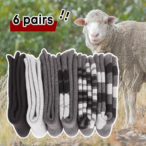 6 Pairs Merino Wool Socks for Men Thick Warm Thermal Winter Striped Dress Hiking Crew Men Socks Size 9-143