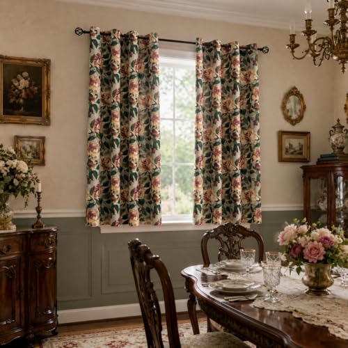 Image of ALIGOGO Floral Drapes 63 Inch Length - Antique Linen Botanical Toile Curtains for Bedroom 2 Panels, Rustic Country Privacy Grommet Light Filtering Grandma Core Decor, 50W x 63L Inch, Taupe