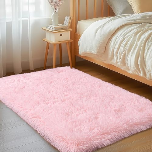 Small Pink Rug for Bedroom, 2x3 Fluffy Shaggy Area Rugs for Girls Kids Room, Soft Non-Slip Fuzzy Shag Carpet for Living Room, Indoor Floor Throw Rugs for Home Decor