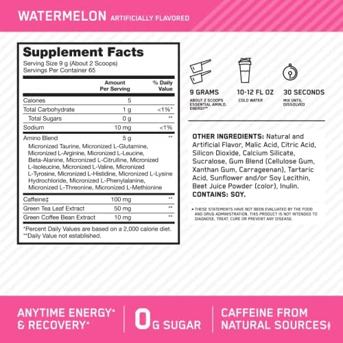 Optimum Nutrition, Amino Energy - Pre Workout with Green Tea, Bcaa, Amino Acids, Keto Friendly, Green Coffee Extract, Energy Powder - Watermelon, 65 Servings - 2