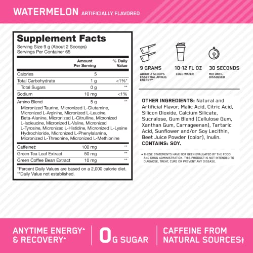 Image of Optimum Nutrition Amino Energy - Pre Workout with Green Tea, BCAA, Amino Acids, Keto Friendly, Green Coffee Extract, Energy Powder - Watermelon, 65 Servings (Packaging May Vary)