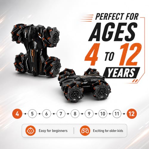 Image of Eli & Chi Remote Control Car for Kids, 4WD RC Stunt Drift Toy, 360 Rotation, Double Sided Driving, Rechargeable High Speed Racing with LED Lights, Birthday Gift for Boys Girls 5-12 Years, Multicolour