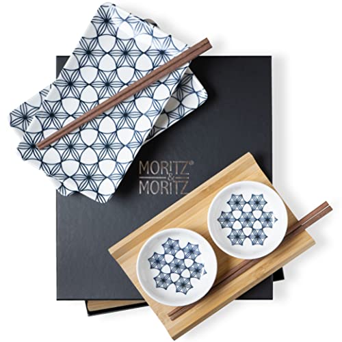 Moritz & Moritz 8-tlg. Sushi Geschirr Set für 2 Personen - Sushi Servierset mit 2x Sushi-Teller, Dip-Schälchen und Stäbchen