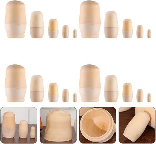 Miniatura 7 de STOBOK Suministros de arte para niños, 4 juegos de muñecas rusas sin pintar, muñecas de anidación rusas en blanco de madera, muñecas para crear tus
