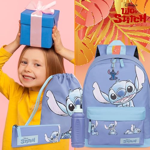 Disney Lilo und Stitch Schulrucksack Mädchen Set mit Schulranzen, Turnbeutel, Federmäppchen, Trinkflasche 470 ml & Keyring - Stitch Sachen