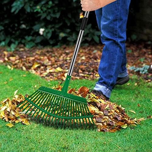 LMLMD Metal Garden Leaf Rake, Lawn Rake, Collect Loose Debris Among Delicate Plants Lawns and Yards, Head Detachable , Adjustable 97cm-164cm L (Green) with Garden Gloves
