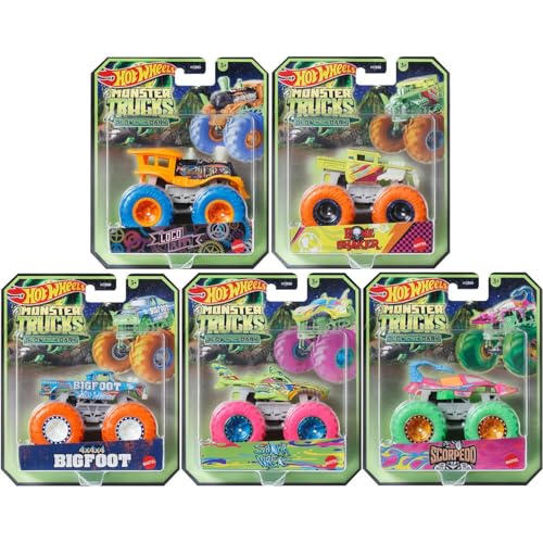 Hot Wheels Glow-in-The-Dark 5-Pack (Shark Wreck, Bigfoot, Bone Shaker, Scorpedo, Loco Punk)
