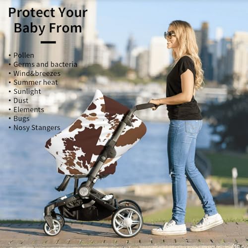 Image of Cow Print Brown Western Baby Stuff Car Seat Cover for Baby,Mom Nursing Breastfeeding Covers,Multi-Use Car Seat Canopy Carrier Cover,Newborn Shower Gift for Boys Girls