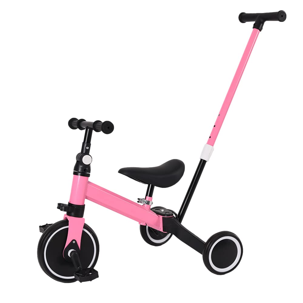 bicicletta per bambini con frizione,Triciclo 3 in 1 con manico scorrevole per bambini da 1 a 3 anni, ruota pieghevole, ruote più grandi, pedali rimovibili, 3 in 1 (rosa)