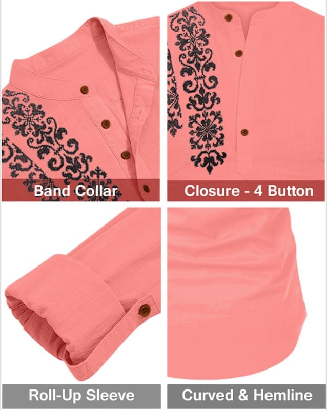 Image of FINIVO FASHION Men's Cotton Blend Short Kurta Shirt | Casual Ethnic Wear with Roll-Up Sleeves & Mandarin Collar | Comfortable Fit Tunic for Festive, & Summer Outings
