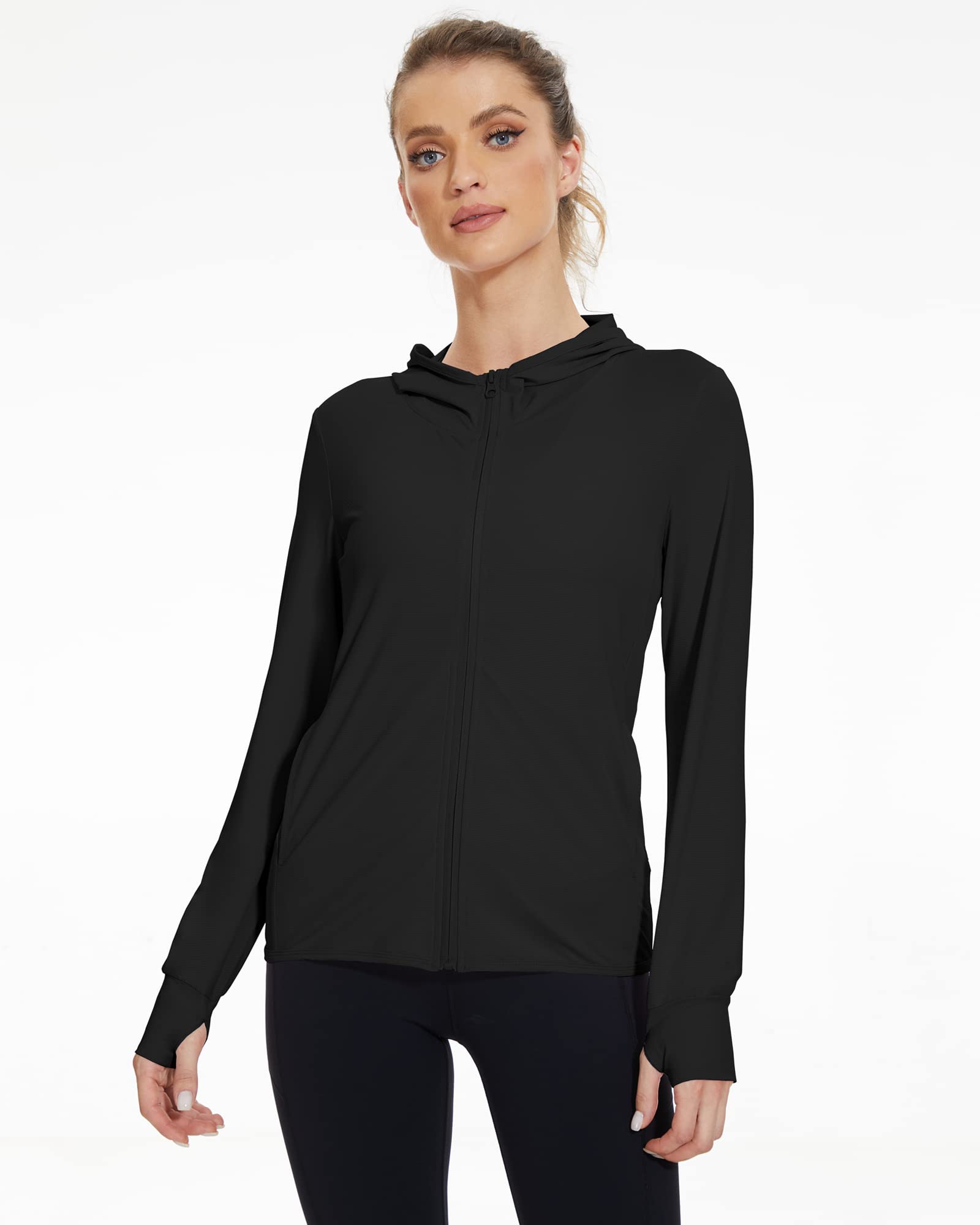 Gacaky Women's UPF 50+ Sun Protection Lightweight Full Zip Hoodie Jacket Long Sleeve Hiking Performance Shirt with Pockets Black XS