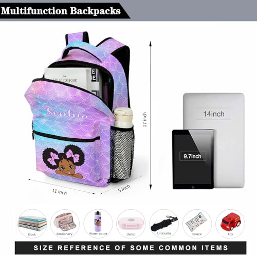 Custom Backpack School Bag for Girls Kids, Personalized Backpacks Bookbag with Lunch Box Water Bottle Pencil Case 4 Sets, Mermaid Black Girl Casual Daypacks Shoulder Bags for Elementary Preschool3