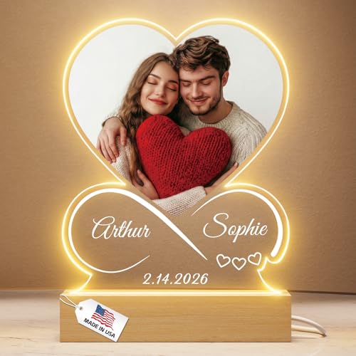 Bemaystar Custom Picture Frame - Infinity Heart Photo Plaque Night Light - Personalized Valentines Day Gifts for Him Her Couple Boyfriend Girlfriend - Customized Anniversary Birthday Gifts