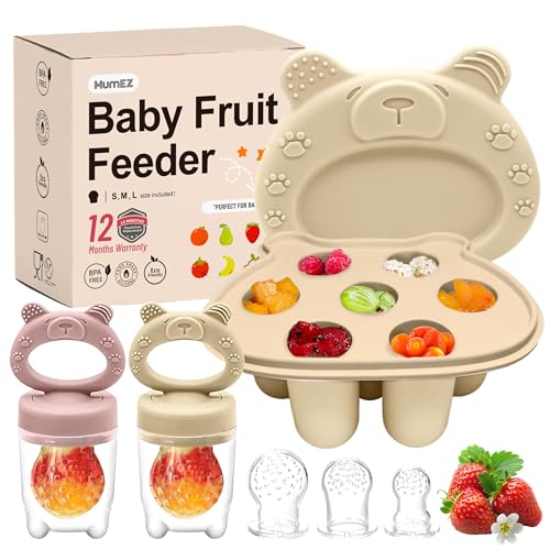 MumEZ Baby Fruit Feeder Set, Includes 2 Food Dummy Feeders with 3 Size Nipples, Silicone Feeder for Babies, Pacifier & Storage Containersr