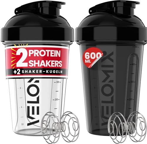 VELOMIX -2 PACK- 600ml Eiweiß Shaker - Auslaufsicher Shaker Proteinshake mit 2x Kugel, Drehverschluss & Mess-Skala | Protein Shaker Bpa Frei | Spülmaschinengeeignet