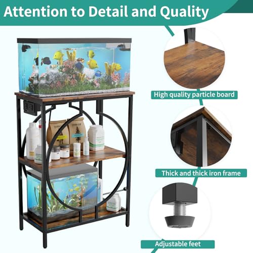 HavenlyYouth 10 Gallon Aquarium Stand with Power Outlet, 3 Tier Heavy Duty Metal Fish Tank Stand with Storage, Fish Tank Table for Home Office, 21.3\" x 11.8\" x 29\", Rustic Brown