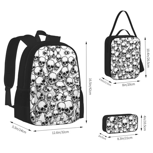Black And White Skulls Pattern Print 3 Piece Set Backpack, Lunch Bag, Pencil Case, Cute Sturdy For College And Travel4