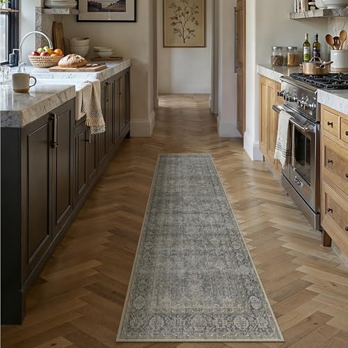 Grey Brown Runner Rug 2x6 Vintage Carpet Hallway Long Indoor Kitchen Washable Living Room Low Pile Traditional Distressed Retro Accent Throw Rug Non S