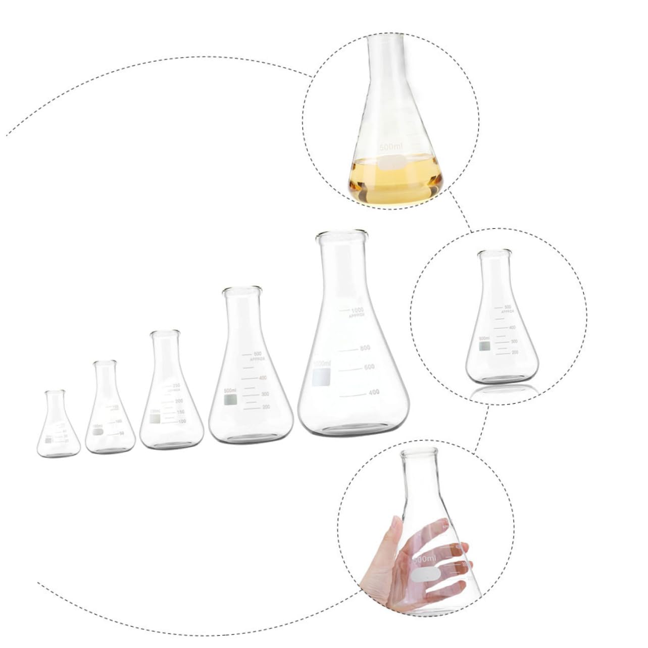 PartyKindom 5piezas Erlenmeyer De Vidrio Borosilicato Con Cuello Frascos Conical Triangular Para Laboratorio