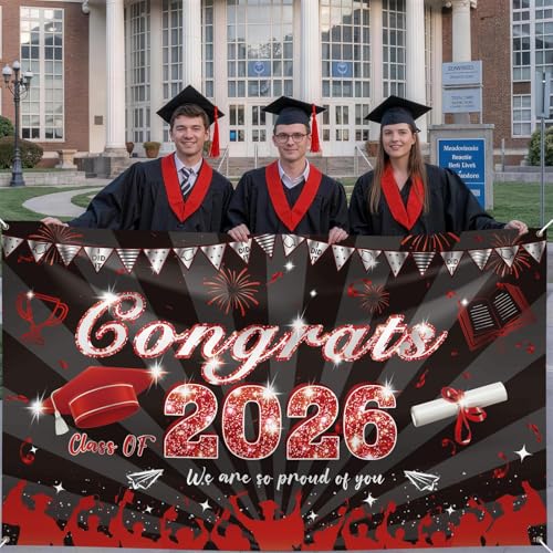 Image of Graduation Decorations, Large Graduation Banner, Red and Black Banner 2026, Congrats Grad Backdrop Sign, Class of 2026 Grad Party Decor for Commencement Indoor Outdoor Yard Wall Door Decor 180*110cm