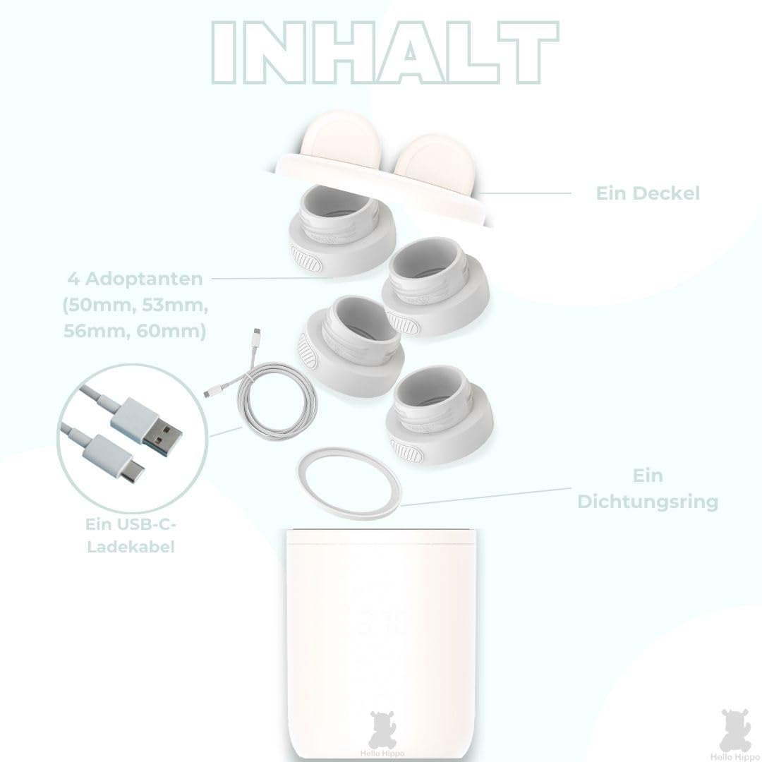 Hello Hippo - Kompakter und tragbarer Flaschenwärmer: USB-C wiederaufladbar, auslaufsicher, kompatibel mit Philips Avent, MAM, NUK | 4 einstellbare Temperaturen | schnelles und effizientes Aufheizen