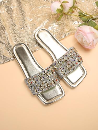 Verdusa Women's Rhinestone Dressy Sandals Square Toe Metallic Flat Sandals2